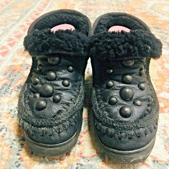 MOU Black Leather Shearling Sherpa Short Ankle Studded Boots Women's 7 to 7.5 - Picture 7 of 13